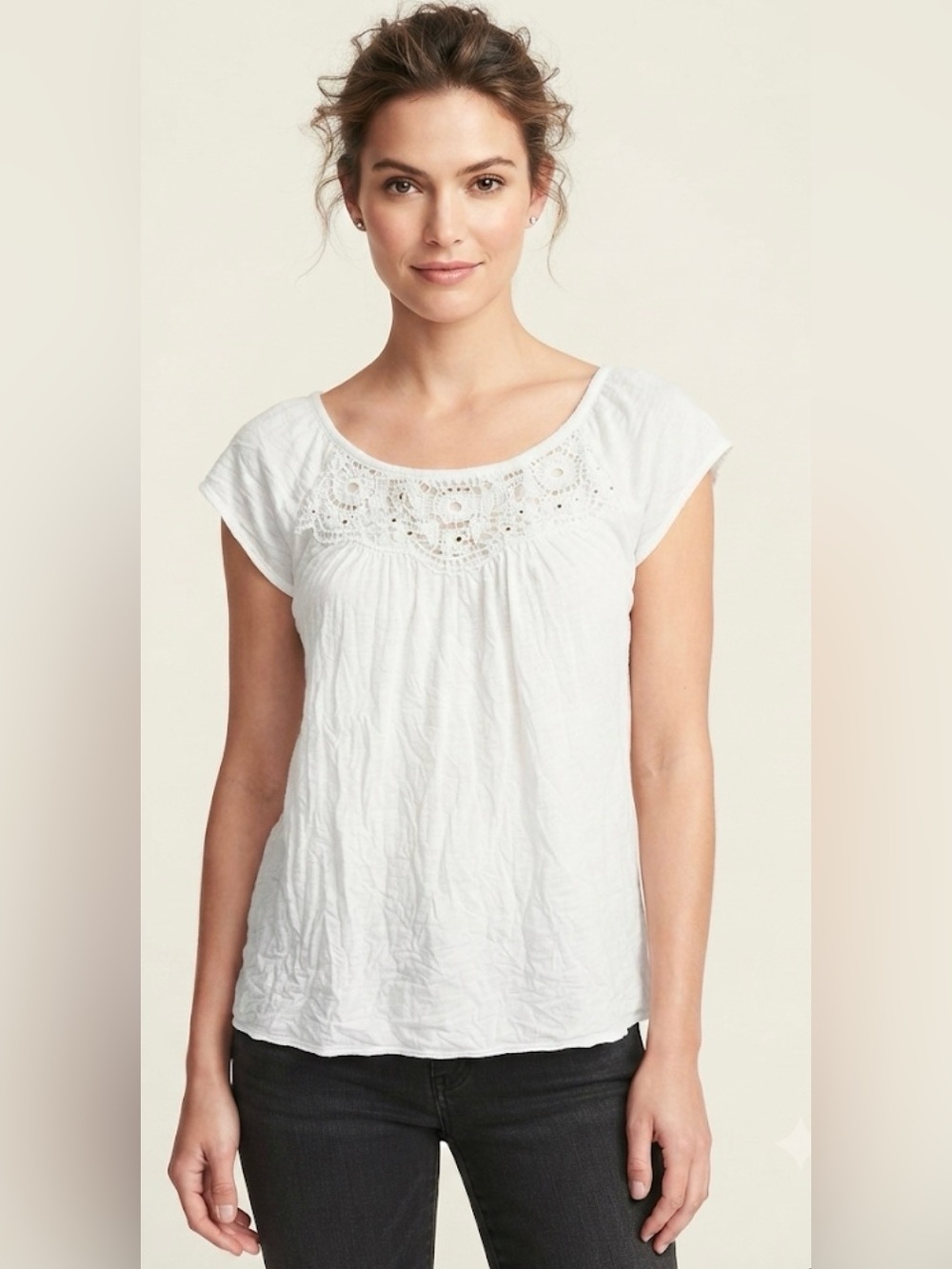 French Laundry White Crochet Yoke Cap Sleeve Top